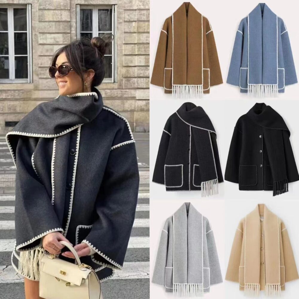 Woolen Coat Thick Loose With Scarf - EverVibe - Image 2