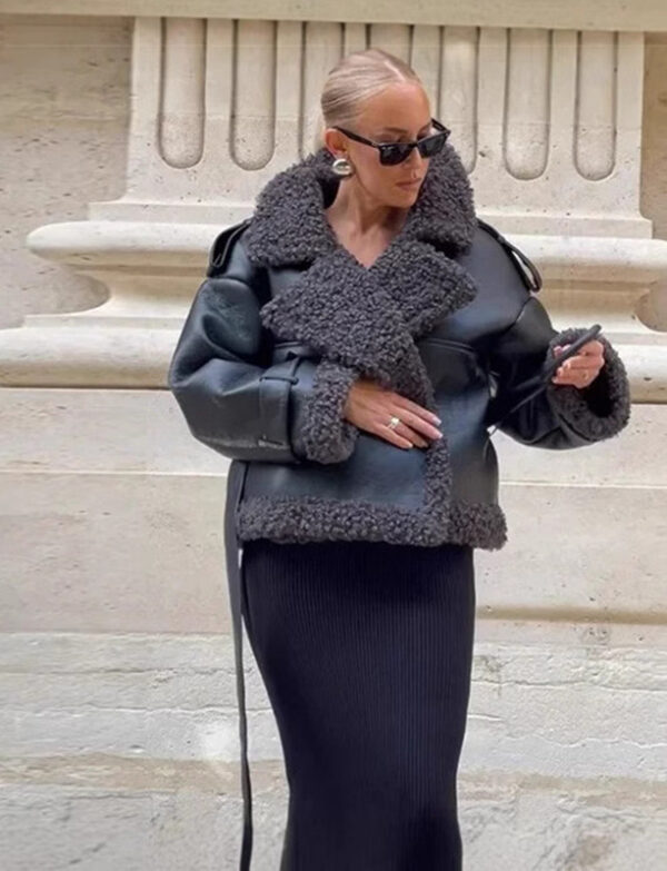 PU Belt Waist Belt Fur Jacket - EverVibe