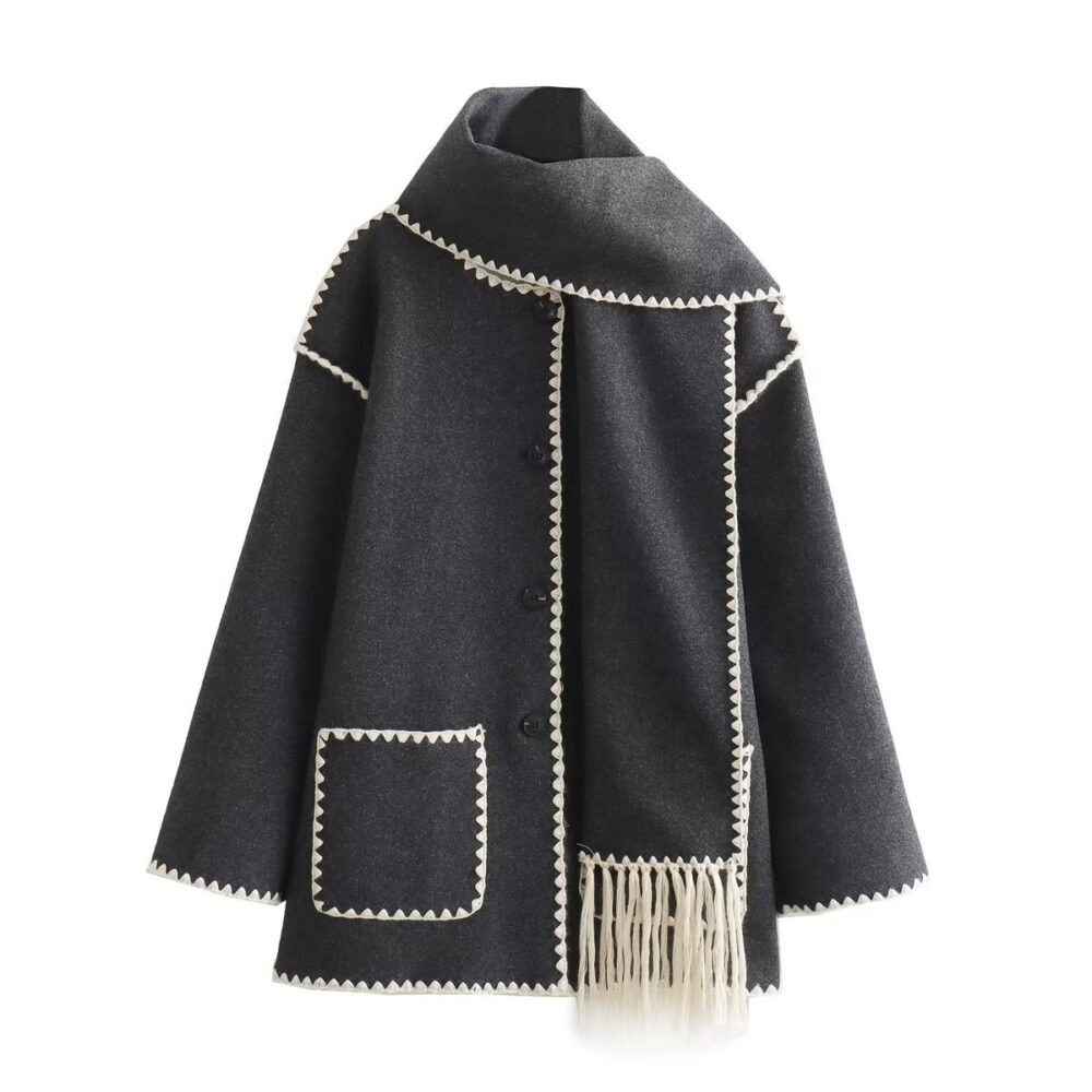 Woolen Coat Thick Loose With Scarf - EverVibe - Image 7